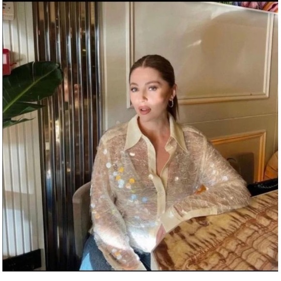 Zara Sequin Button Down semi sheer Cream Shirt Top sz.M - Picture 6 of 16